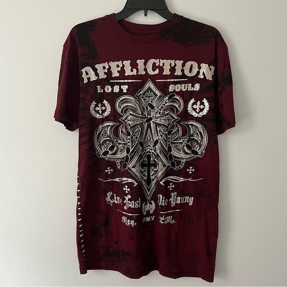 Affliction Live Fast Die Young Red Black Cross Lace Up T Shirt Large - Picture 1 of 8